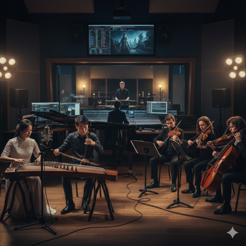 Chinese instrumentalists performing together in a recording studio
